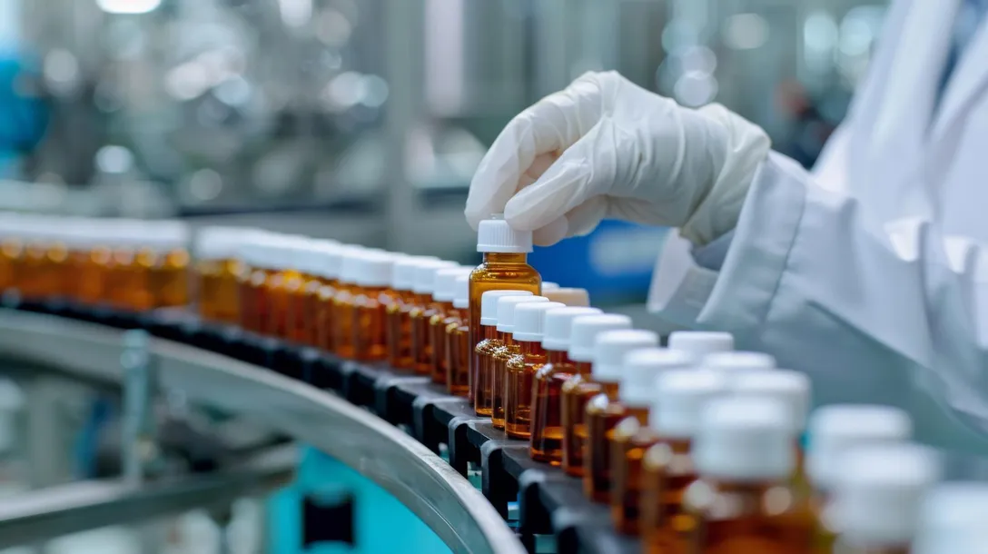 Braunglasflaschen auf einer Abfülllinie, eine Hand im Handschuh prüft eine Flasche
