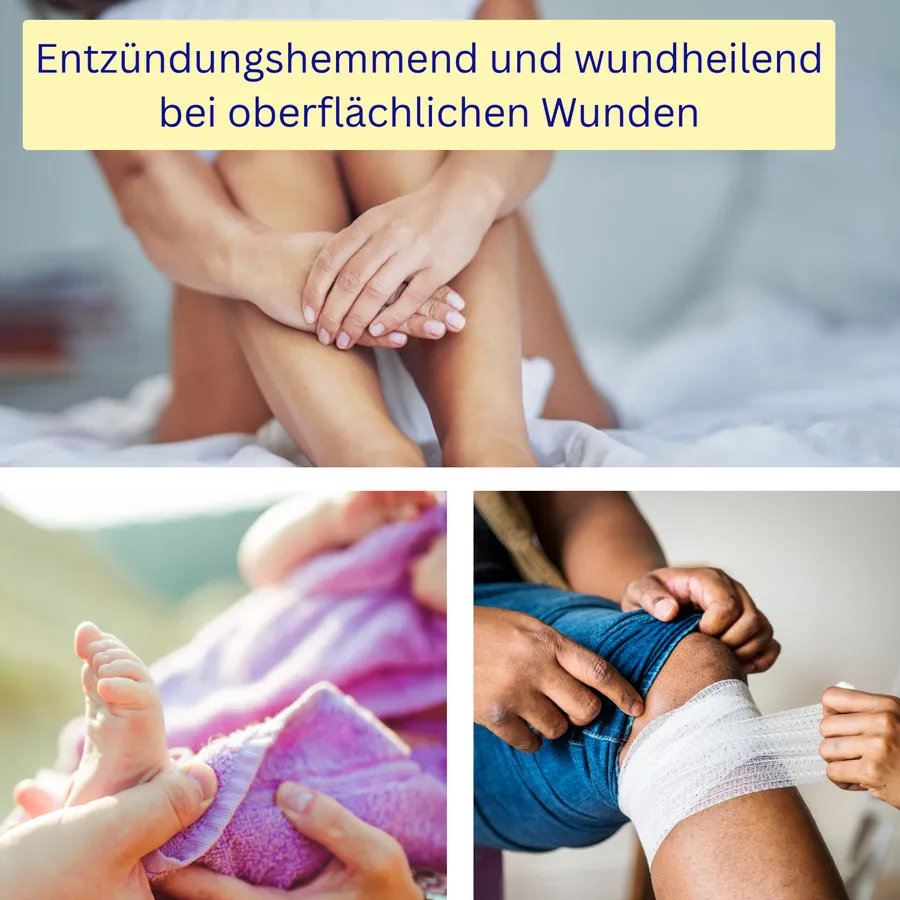 Entzündungshemmend und wundheilend bei oberflächlichen Wunden – Fotos: gepflegte Beine, Babyfuß mit Waschlappen, Verband am Knie