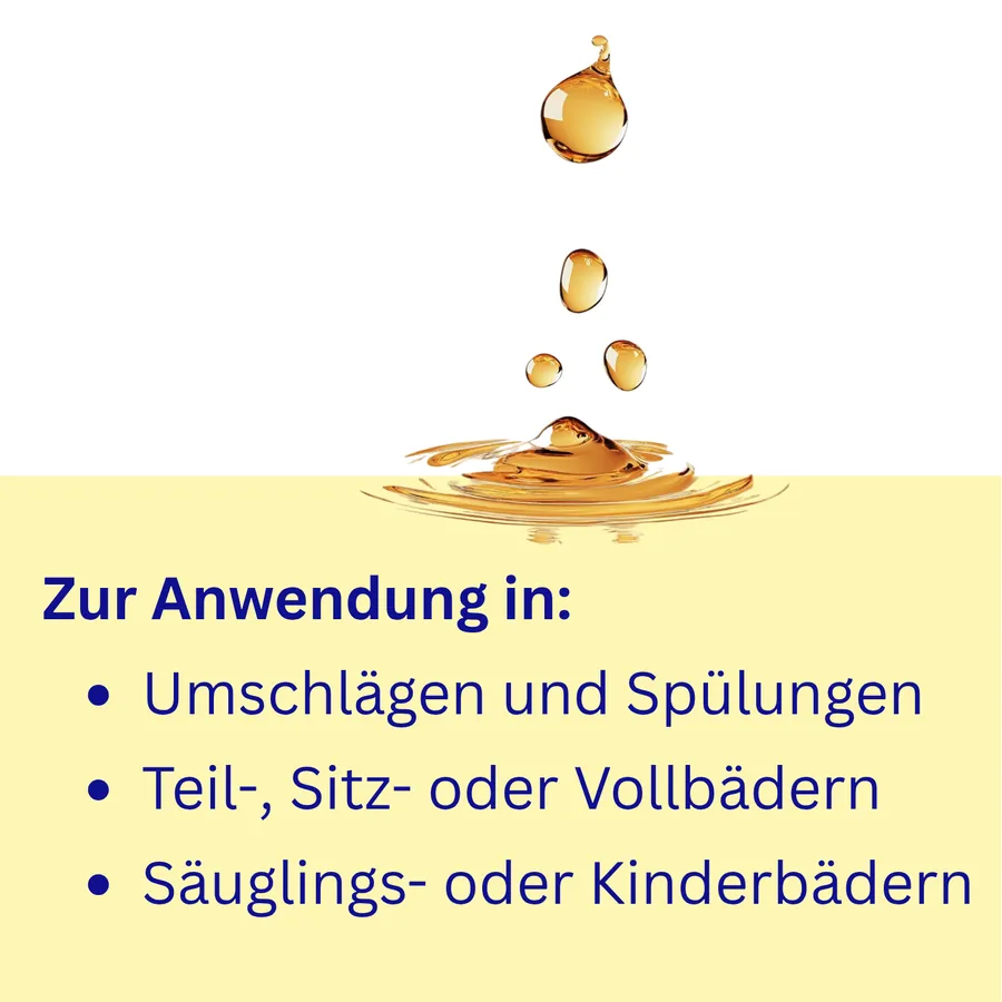 Zur Anwendung in Umschlägen und Spülungen, Teil-, Sitz- oder Vollbädern, Säuglings- oder Kinderbädern – Tropfen fallen in Flüssigkeit