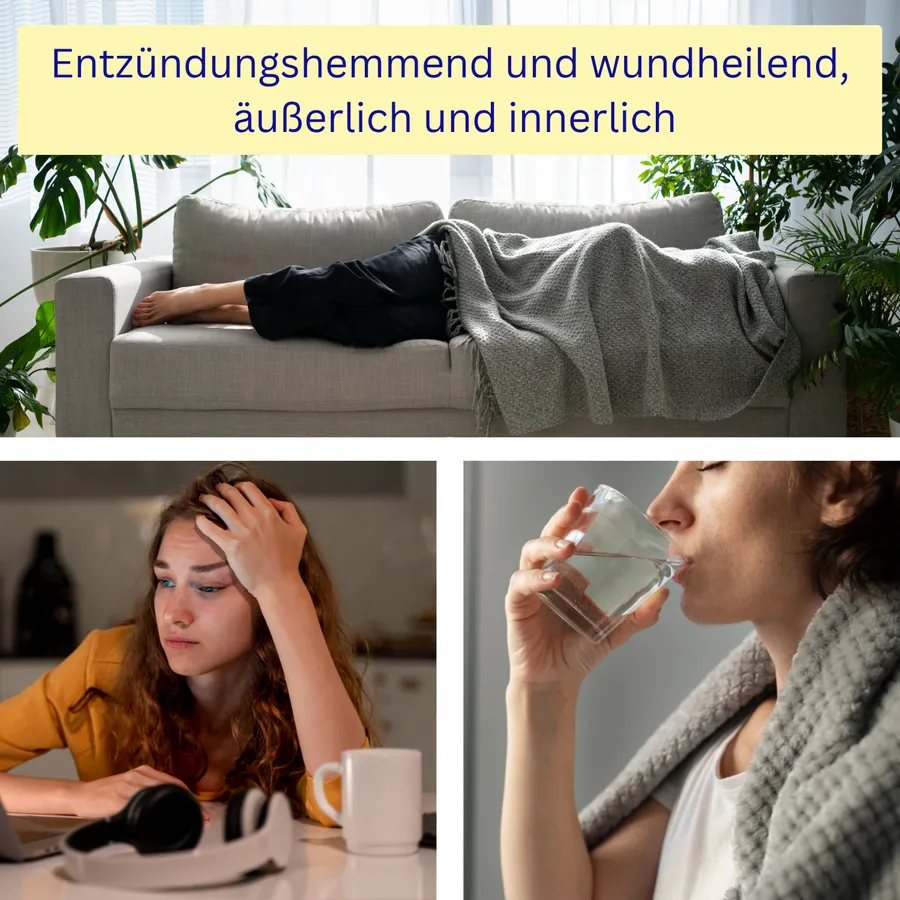 Entzündungshemmend und wundheilend, äußerlich und innerlich – Fotos: Person ruht auf dem Sofa, Frau mit Kopfschmerzen, Frau trinkt ein Glas Wasser
