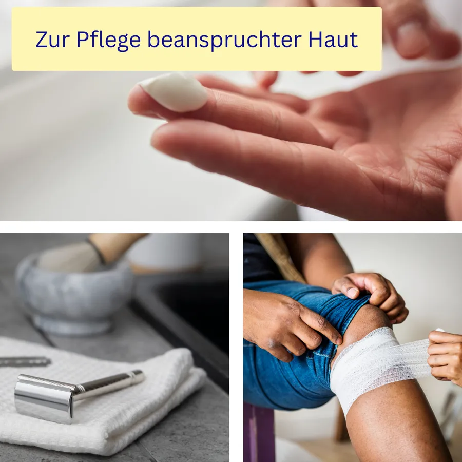 Zur Pflege beanspruchter Haut – Fotos: Creme auf der Fingerkuppe, Rasierer und Handtuch, Verband am Knie