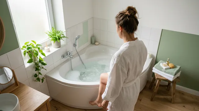 Aufgeräumtes helles Badezimmer mit freistehender Wanne und gefalteten Handtüchern