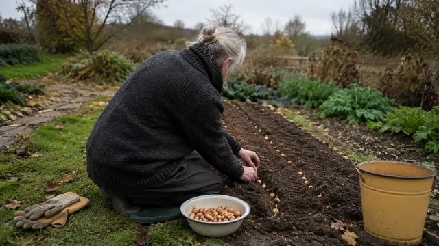 Hände einer älteren Person setzen Zwiebeln in ein Gartenbeet
